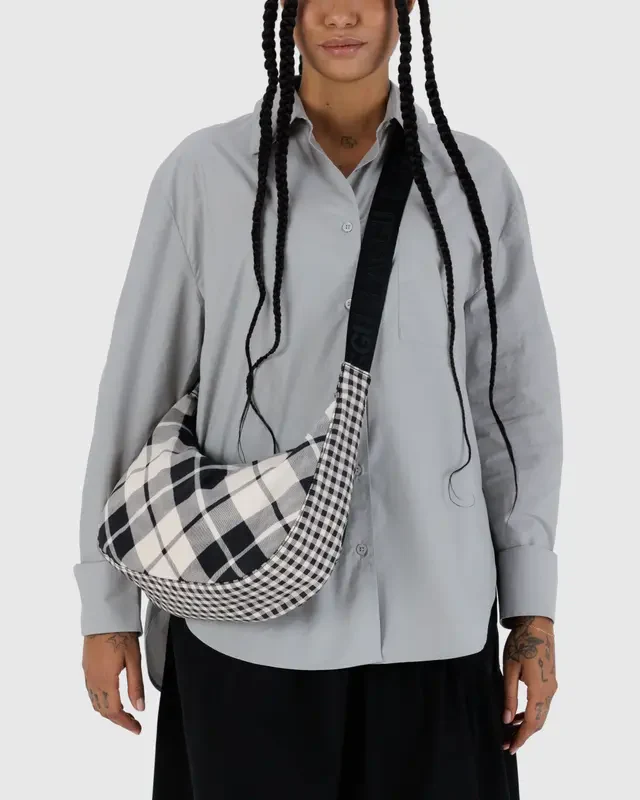Medium Nylon Crescent Bag- Mixed Plaid - Image 3