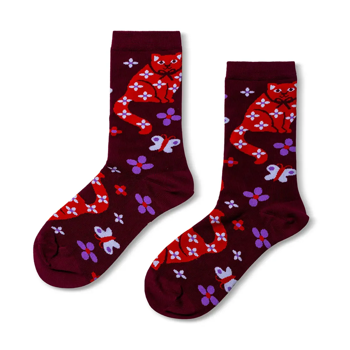 Floral Cat Crew Socks- Small