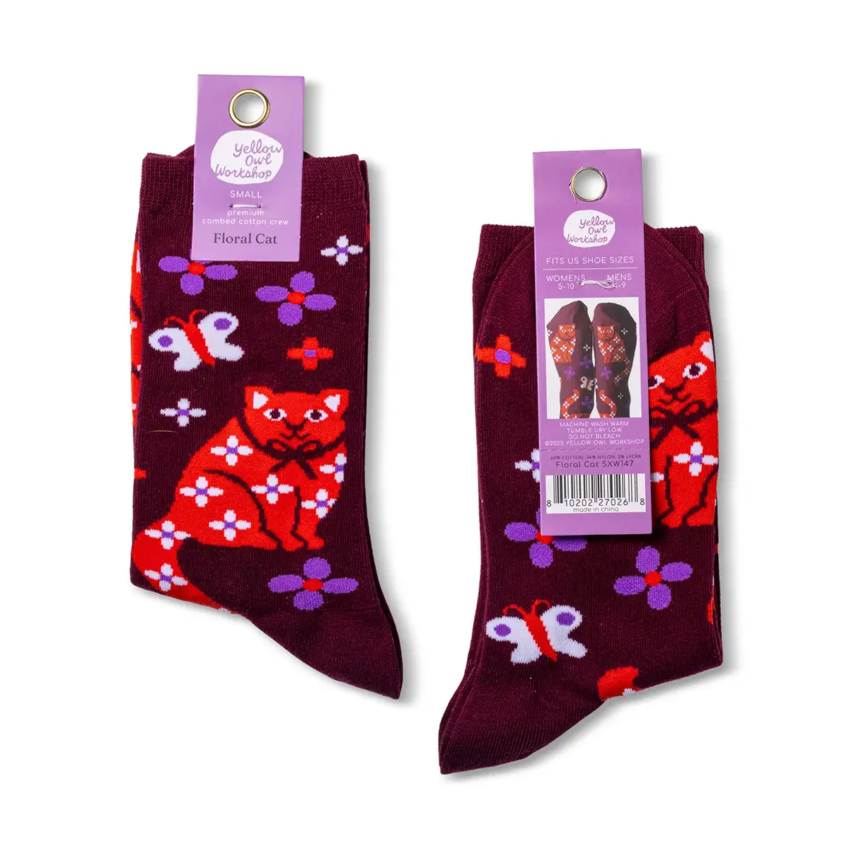 Floral Cat Crew Socks- Small - Image 2