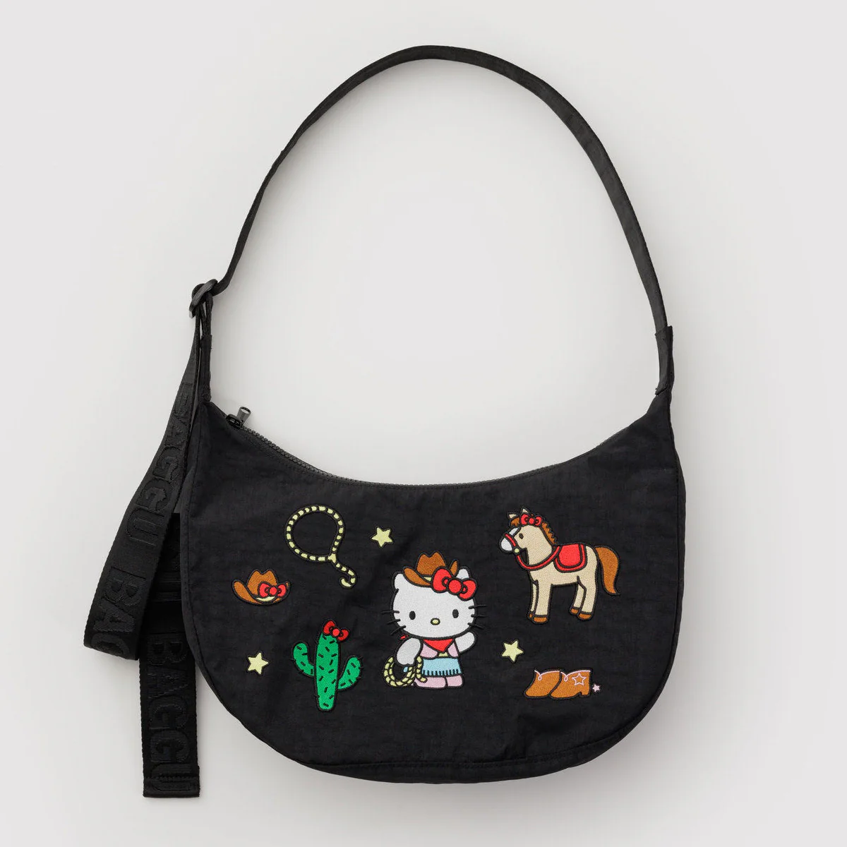 Medium Nylon Crescent Bag- Embroidered Hello Kitty Western