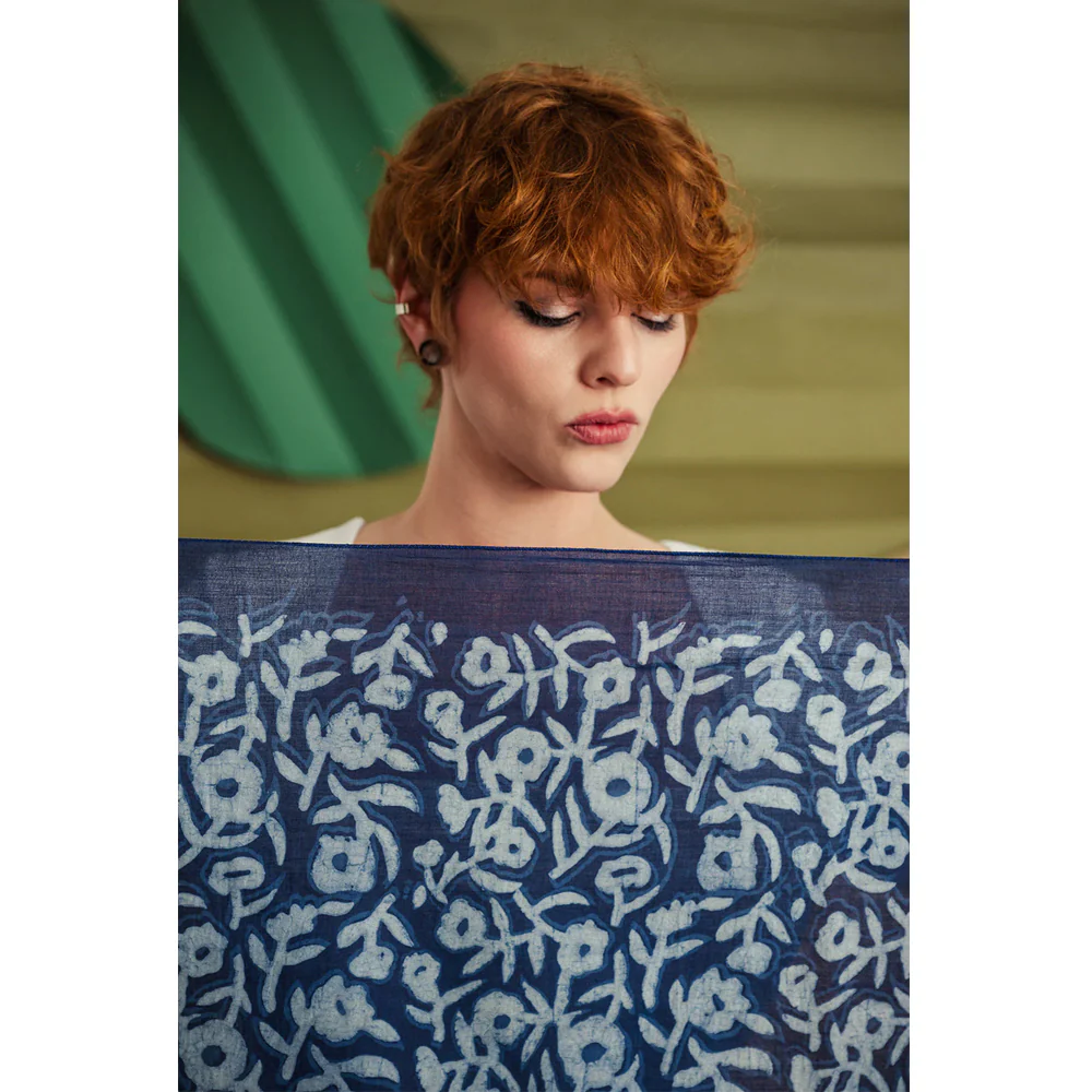 Neela Block Print Indigo Scarf - 40" x 70" - Image 3