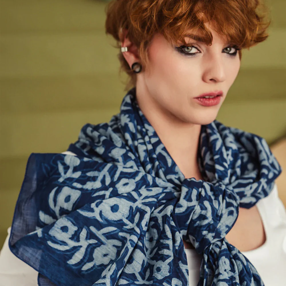 Neela Block Print Indigo Scarf - 40" x 70" - Image 4