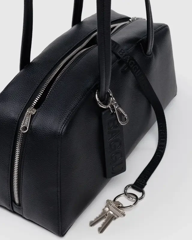 Recycled Leather Bowler Bag- Black - Image 3