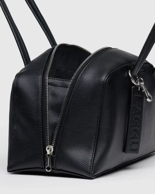 Recycled Leather Bowler Bag- Black - Image 4