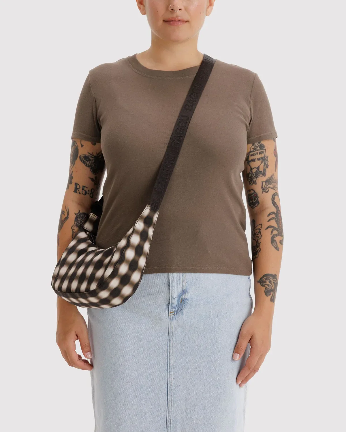 Small Nylon Crescent Bag - Blurred Gingham Brown - Image 2