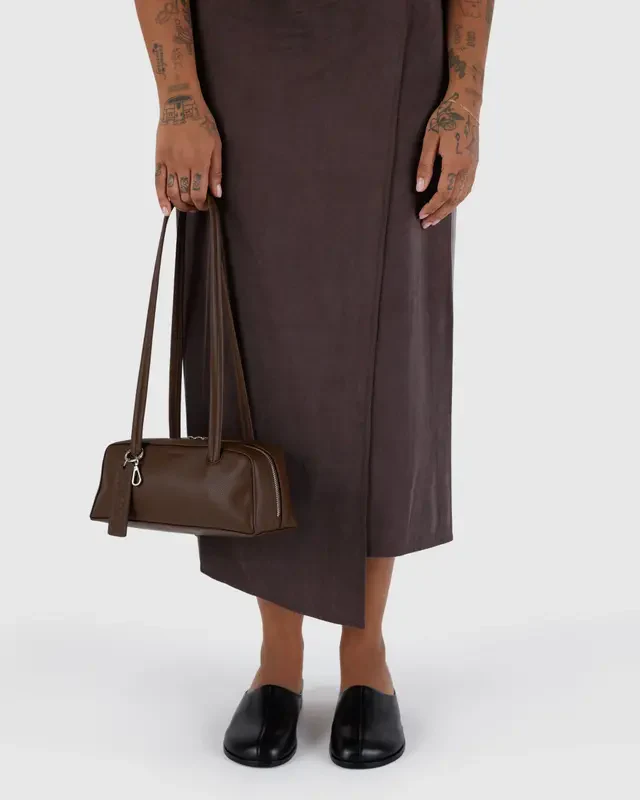 Small Recycled Leather Bowler Bag- Brown - Image 4