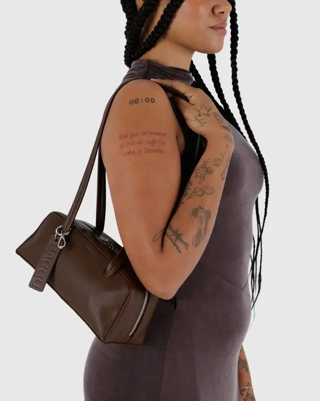 Small Recycled Leather Bowler Bag- Brown - Image 5