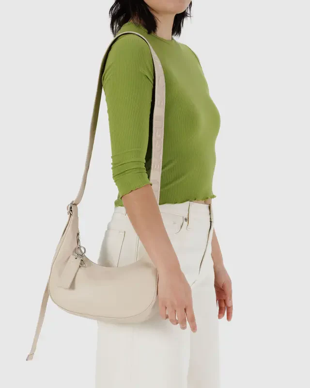 Small Recycled Leather Crescent Bag- Stone - Image 4